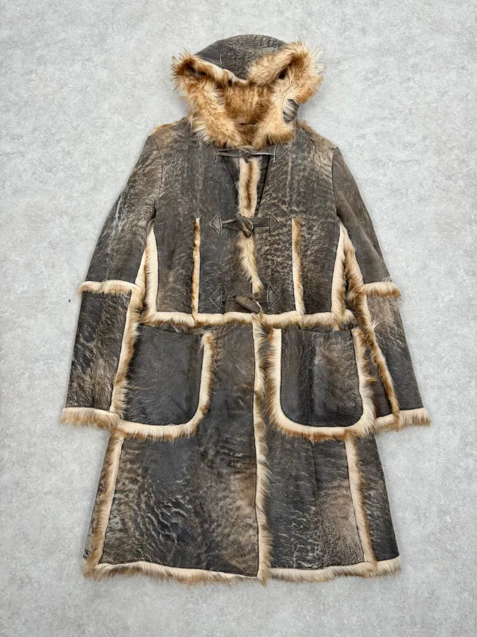 2000s Cavalli Grey Eroded Fur Leather Long Coat AXWWwba 2