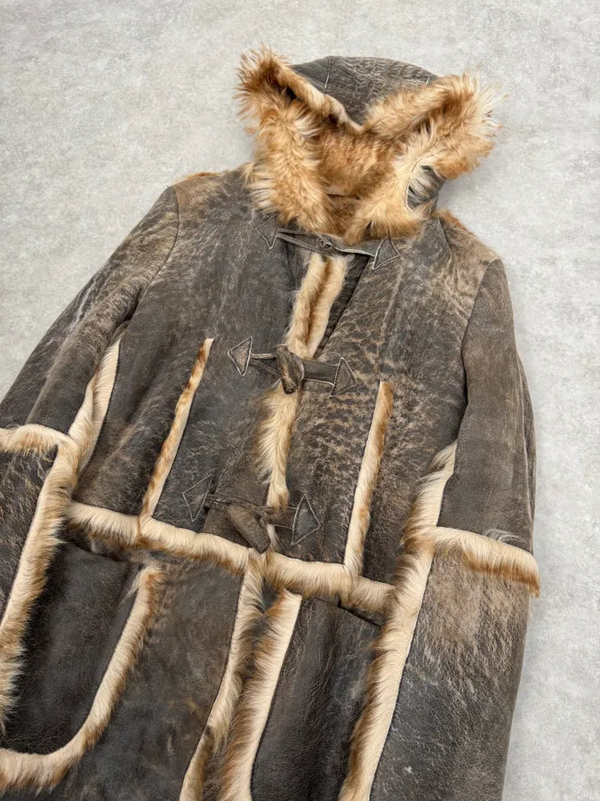 2000s Cavalli Grey Eroded Fur Leather Long Coat AXWWwba 6