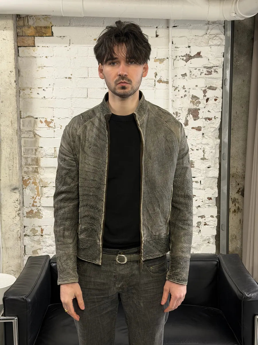 2000s Cavalli Grey Eroded Grained Scars Leather Jacket TxnwLWe 1
