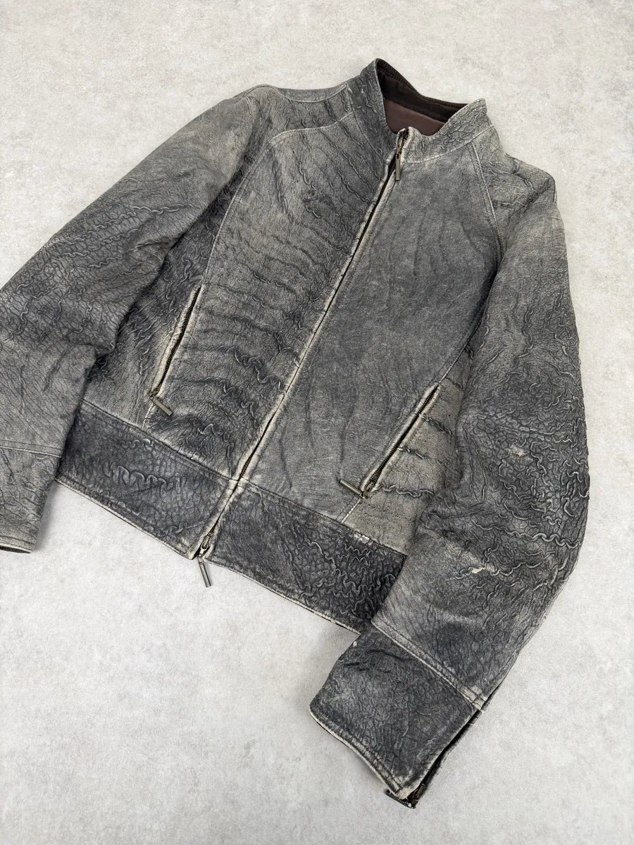 2000s Cavalli Grey Eroded Grained Scars Leather Jacket TxnwLWe 11