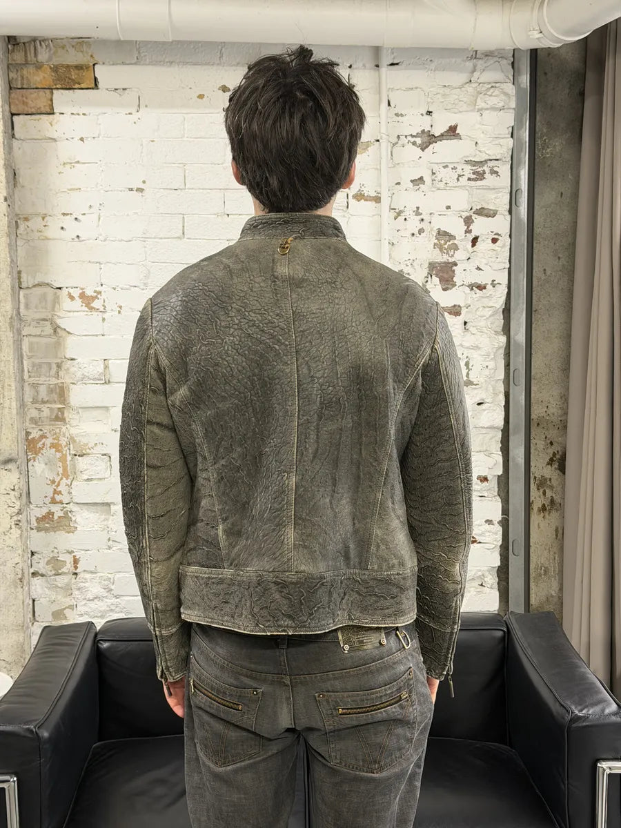 2000s Cavalli Grey Eroded Grained Scars Leather Jacket TxnwLWe 2