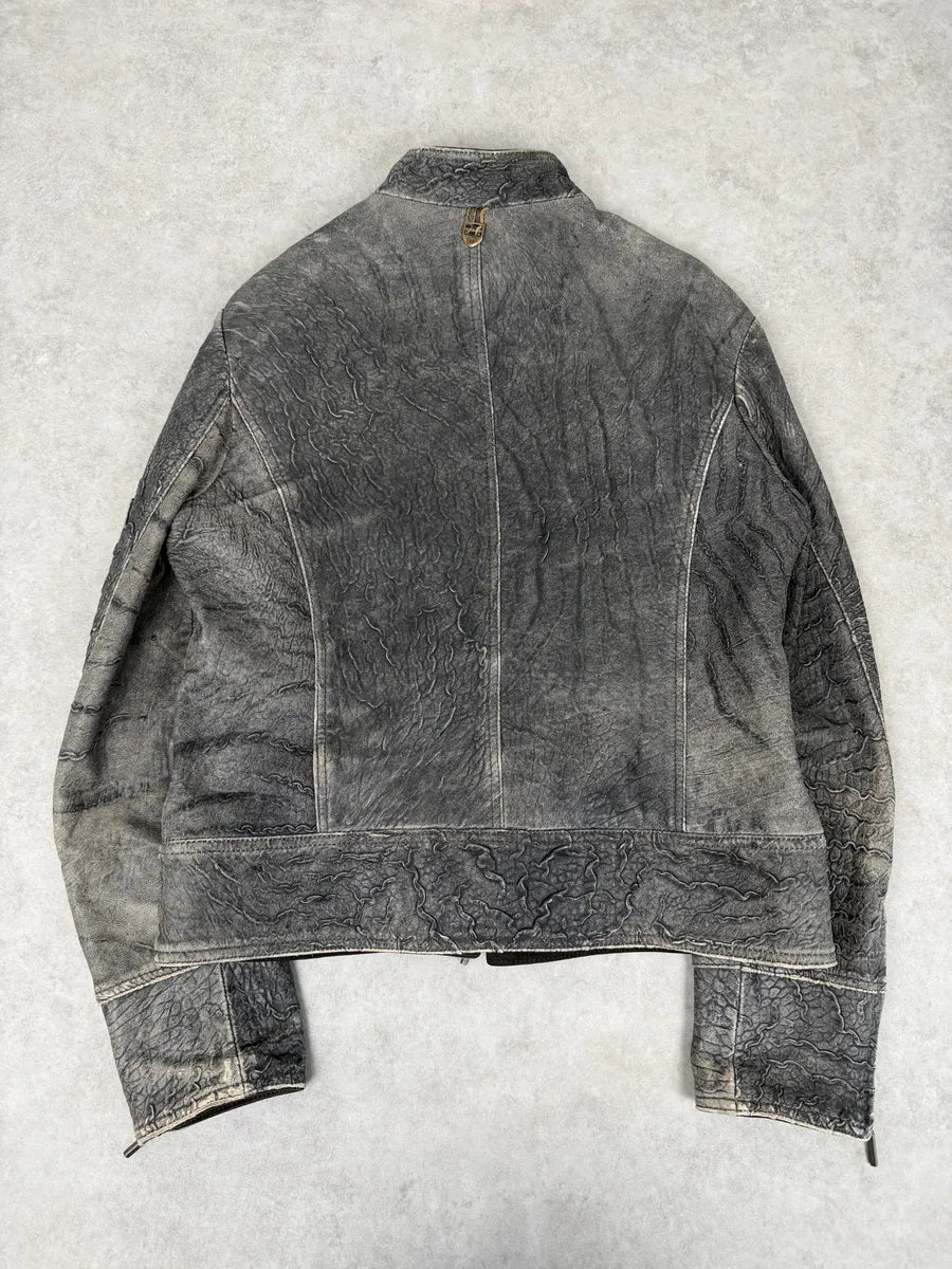 2000s Cavalli Grey Eroded Grained Scars Leather Jacket TxnwLWe 3
