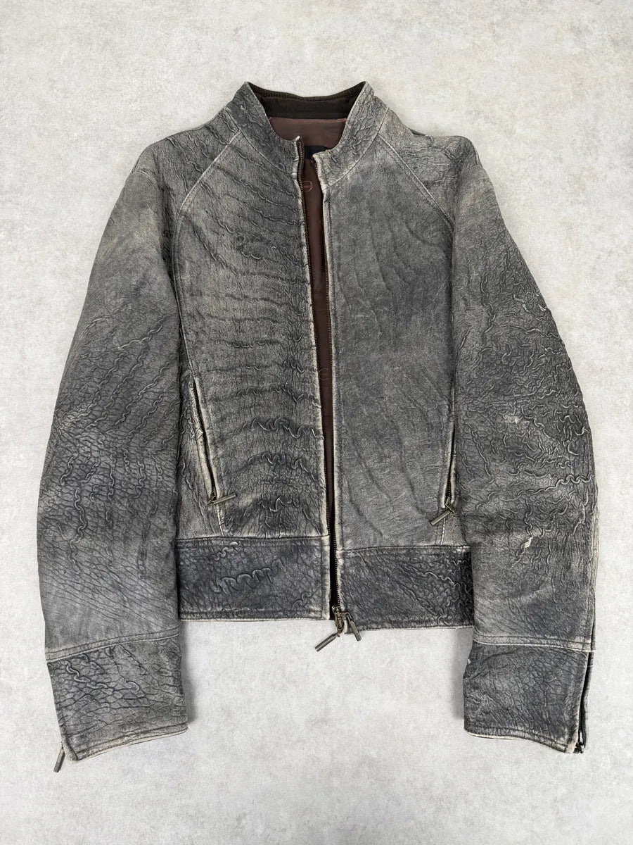 2000s Cavalli Grey Eroded Grained Scars Leather Jacket TxnwLWe 5