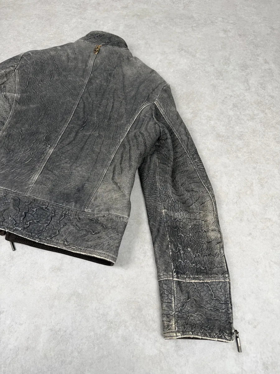 2000s Cavalli Grey Eroded Grained Scars Leather Jacket TxnwLWe 6