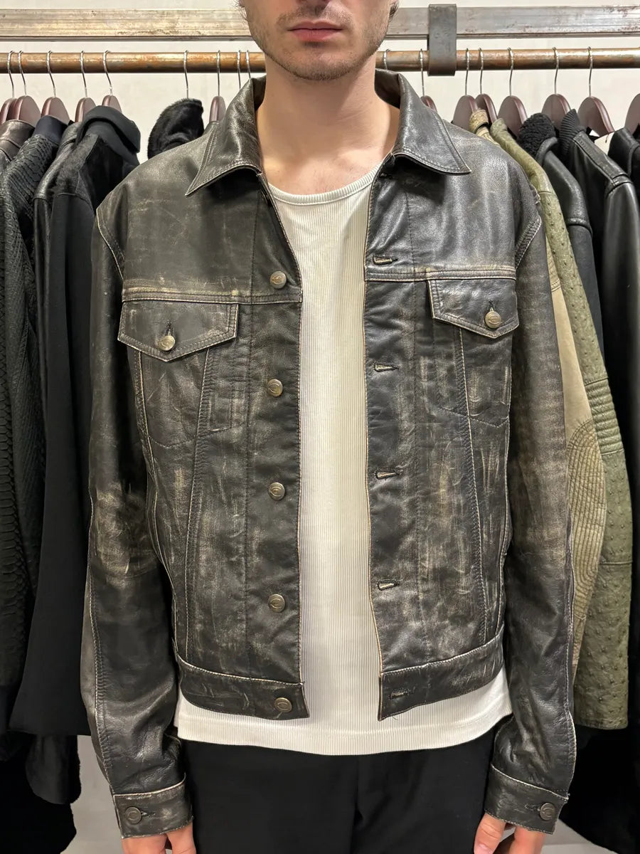 2000s Cavalli Grey Eroded Leather Jacket Gpnchmp 1