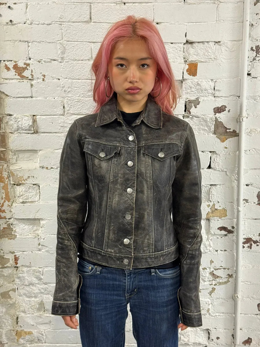 2000s Cavalli Grey Eroded Leather Trucker Jacket swHkcAn 1