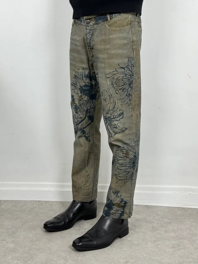 2000s Cavalli Grey Floral Denim Jeans aCThbAU 1
