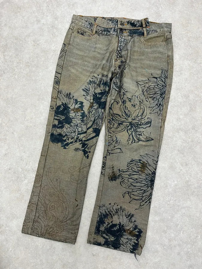2000s Cavalli Grey Floral Denim Jeans aCThbAU 4