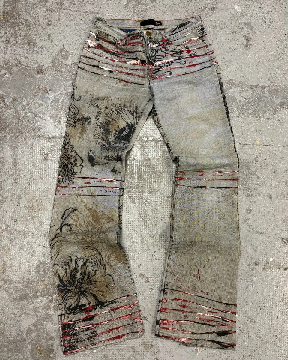 2000s Cavalli Grey Scars Flowers Abstract Denim Jeans (XS/S) YCKJtHp 0
