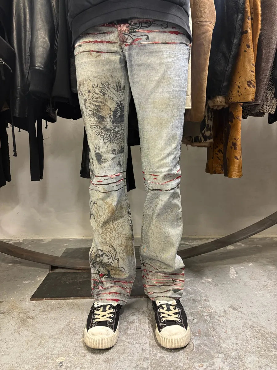 2000s Cavalli Grey Scars Flowers Abstract Denim Jeans (XS/S) YCKJtHp 1