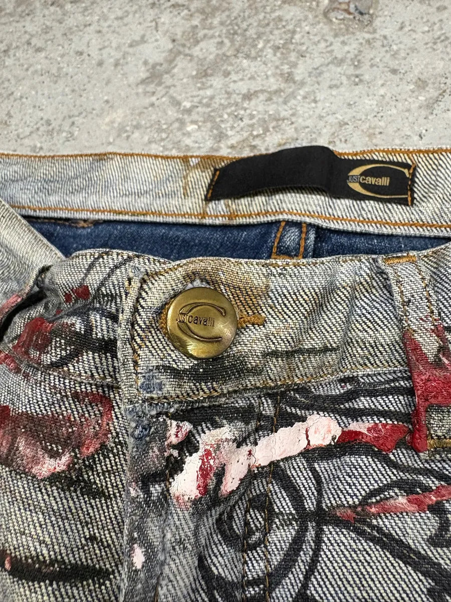 2000s Cavalli Grey Scars Flowers Abstract Denim Jeans (XS/S) YCKJtHp 10