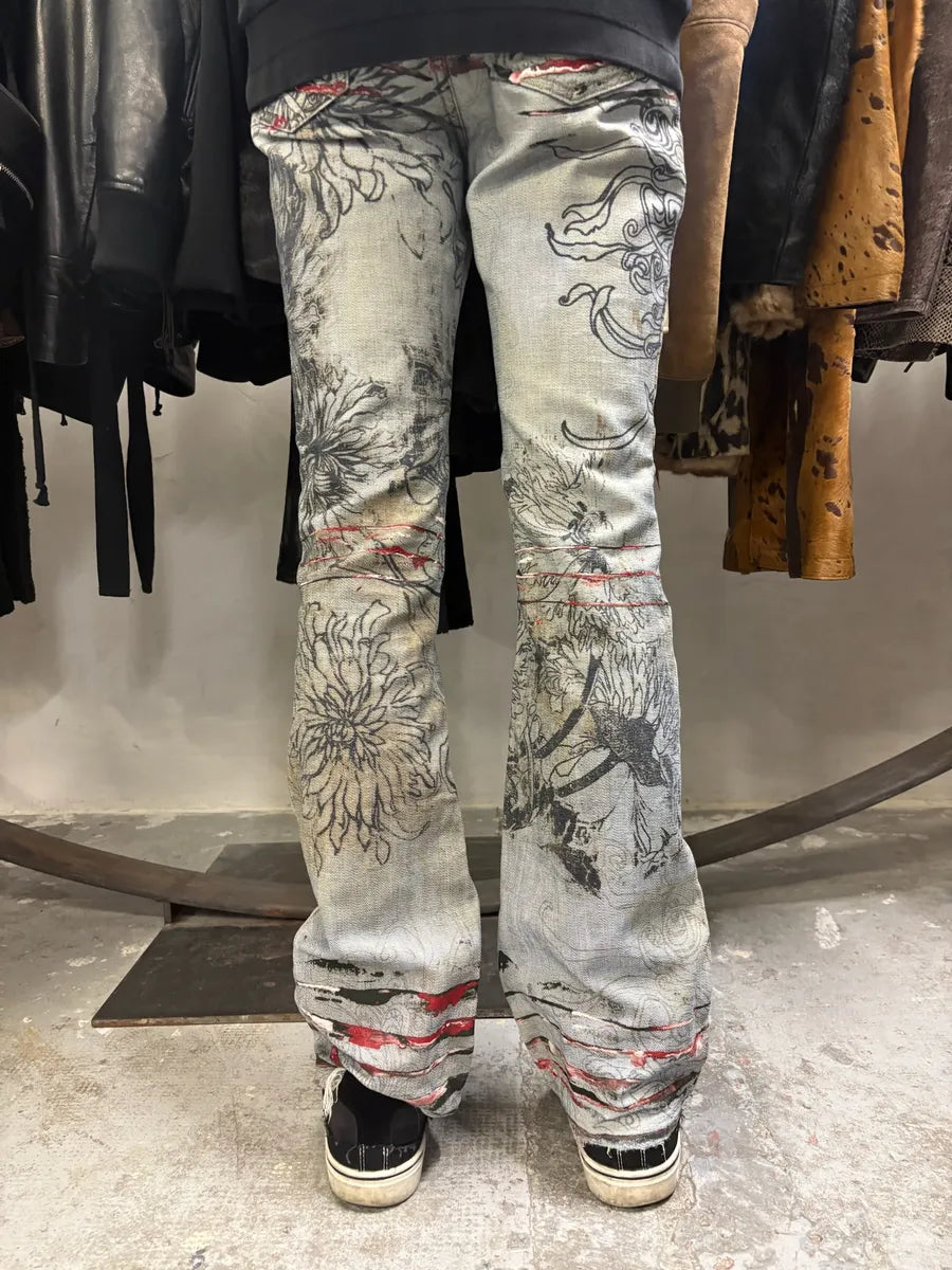 2000s Cavalli Grey Scars Flowers Abstract Denim Jeans (XS/S) YCKJtHp 2