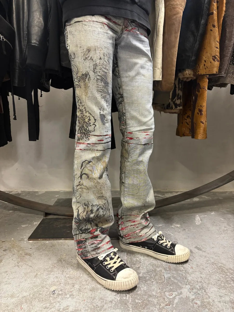 2000s Cavalli Grey Scars Flowers Abstract Denim Jeans (XS/S) YCKJtHp 3
