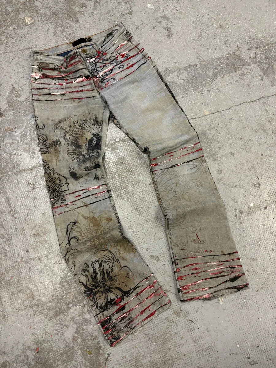 2000s Cavalli Grey Scars Flowers Abstract Denim Jeans (XS/S) YCKJtHp 4