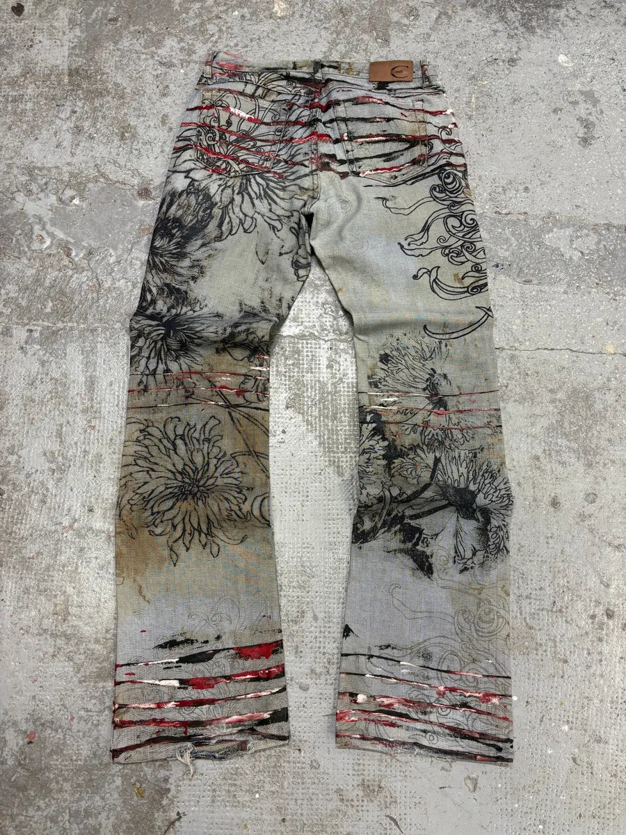 2000s Cavalli Grey Scars Flowers Abstract Denim Jeans (XS/S) YCKJtHp 5