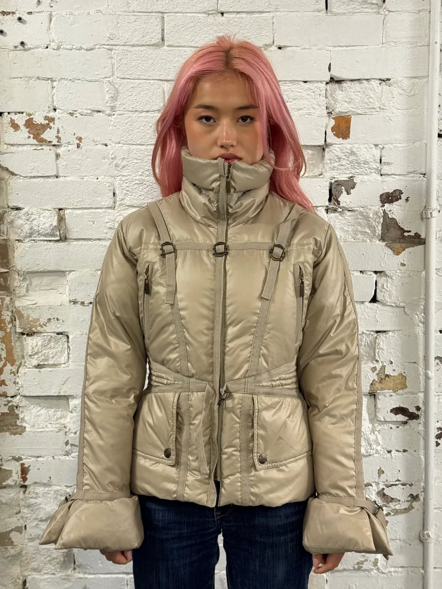 2000s Cavalli Harness Bondage Beige Puffer Jacket nOxbrkq 1