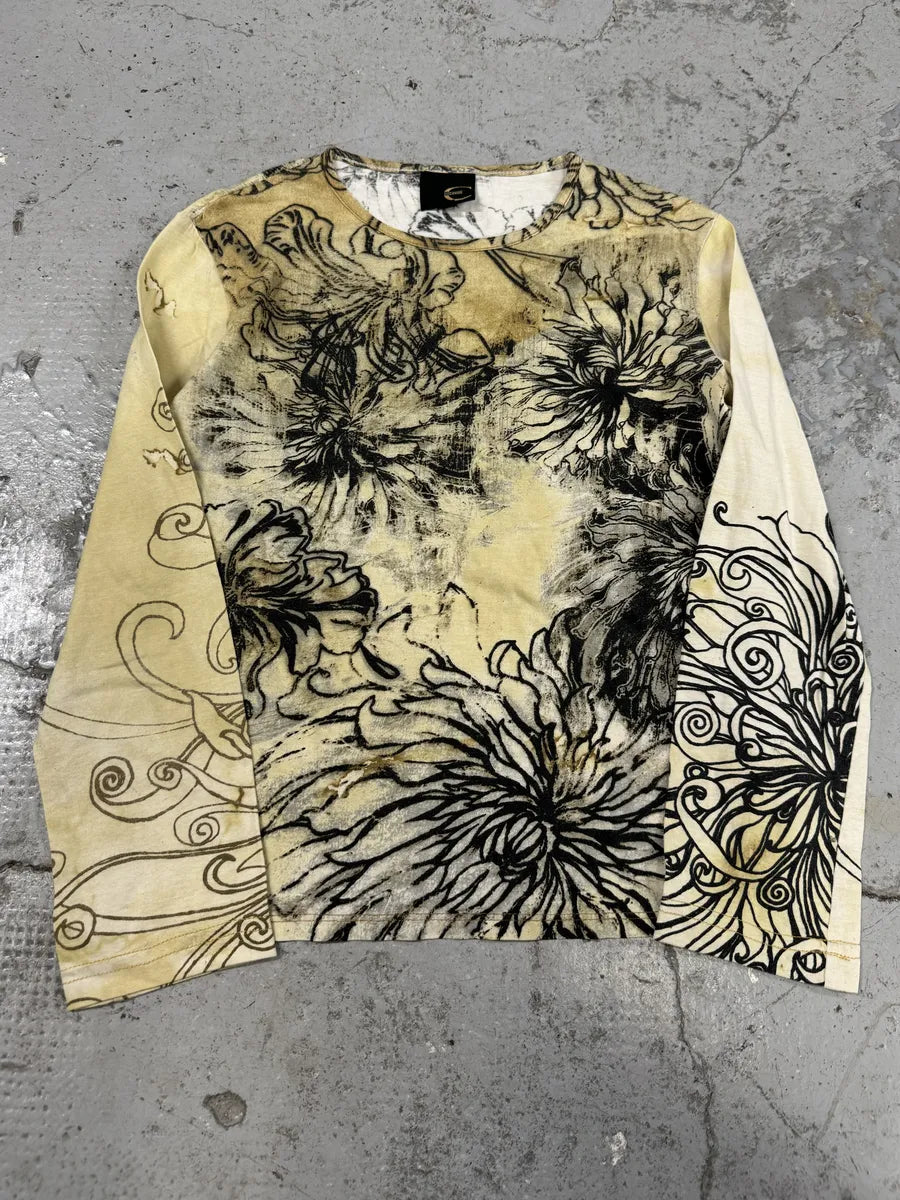 2000s Cavalli Ink Asian Flowers Beige Longsleeves Nyphbjy 0