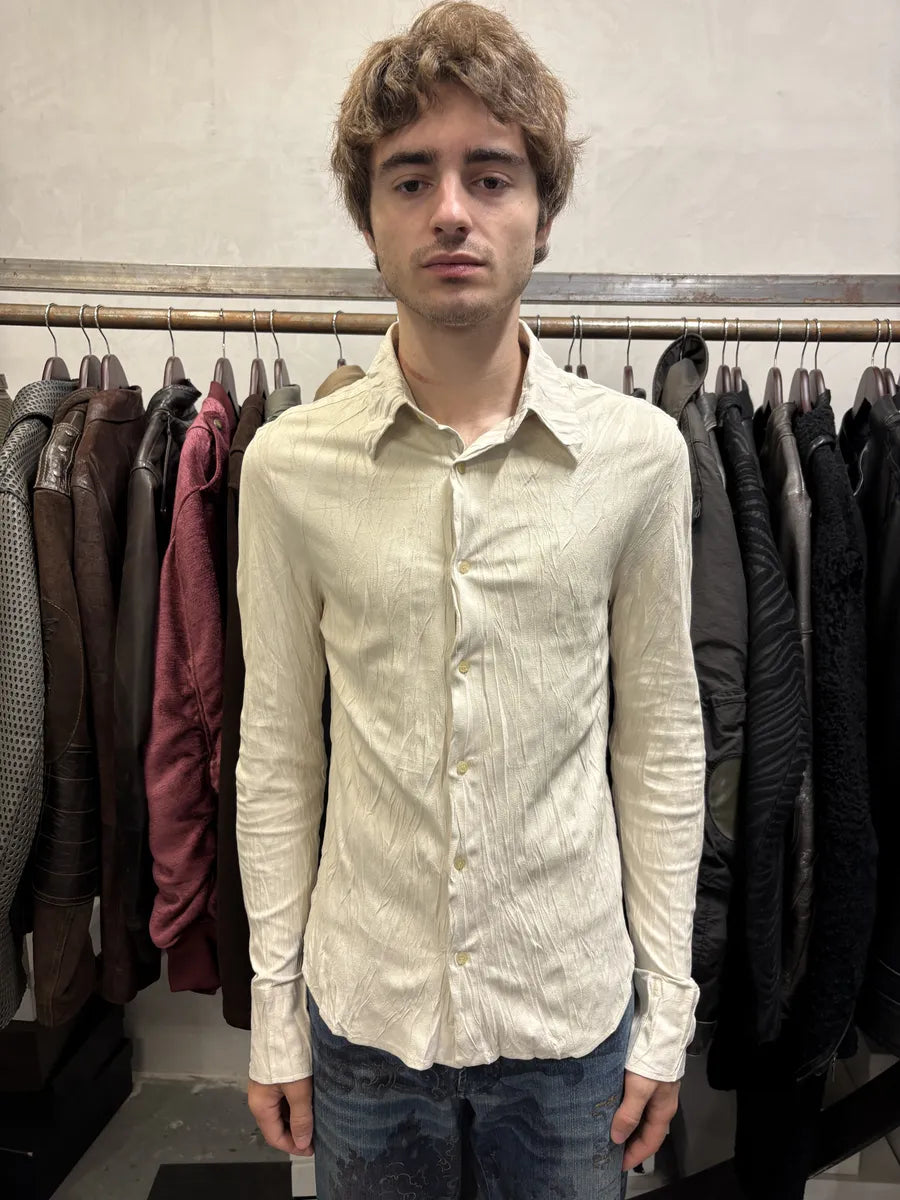 2000s Cavalli Irregular White Plissed Leather Shirt OSzffqm 1