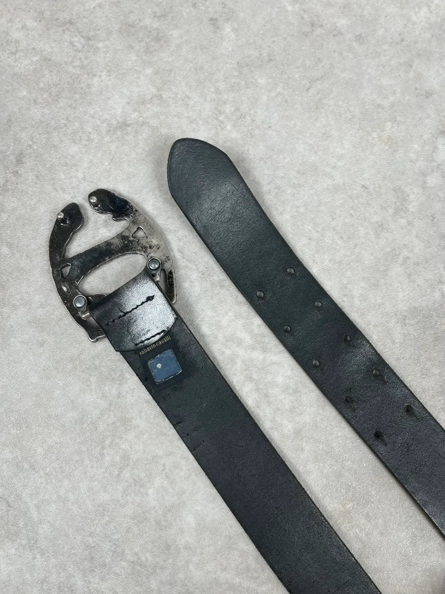 2000s Cavalli Leaves Logo Buckle Black Leather Belt DrYqNtv 3