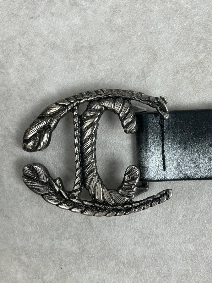 2000s Cavalli Leaves Logo Buckle Black Leather Belt DrYqNtv 4