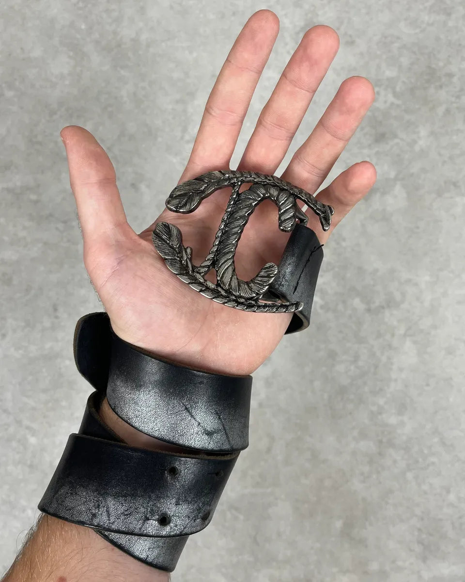 2000s Cavalli Leaves Logo Buckle Black Leather Belt DrYqNtv 2