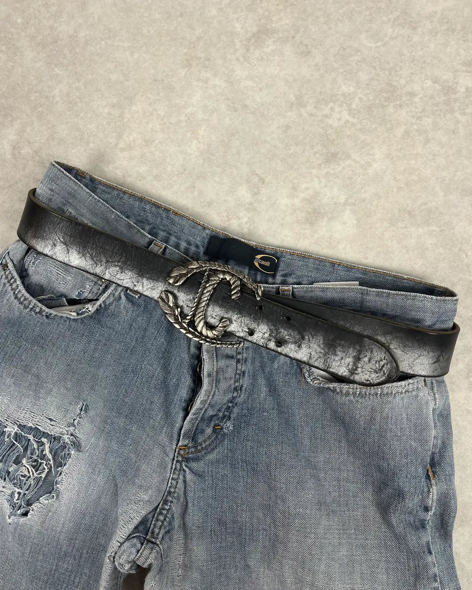 2000s Cavalli Leaves Logo Buckle Black Leather Belt DrYqNtv 0