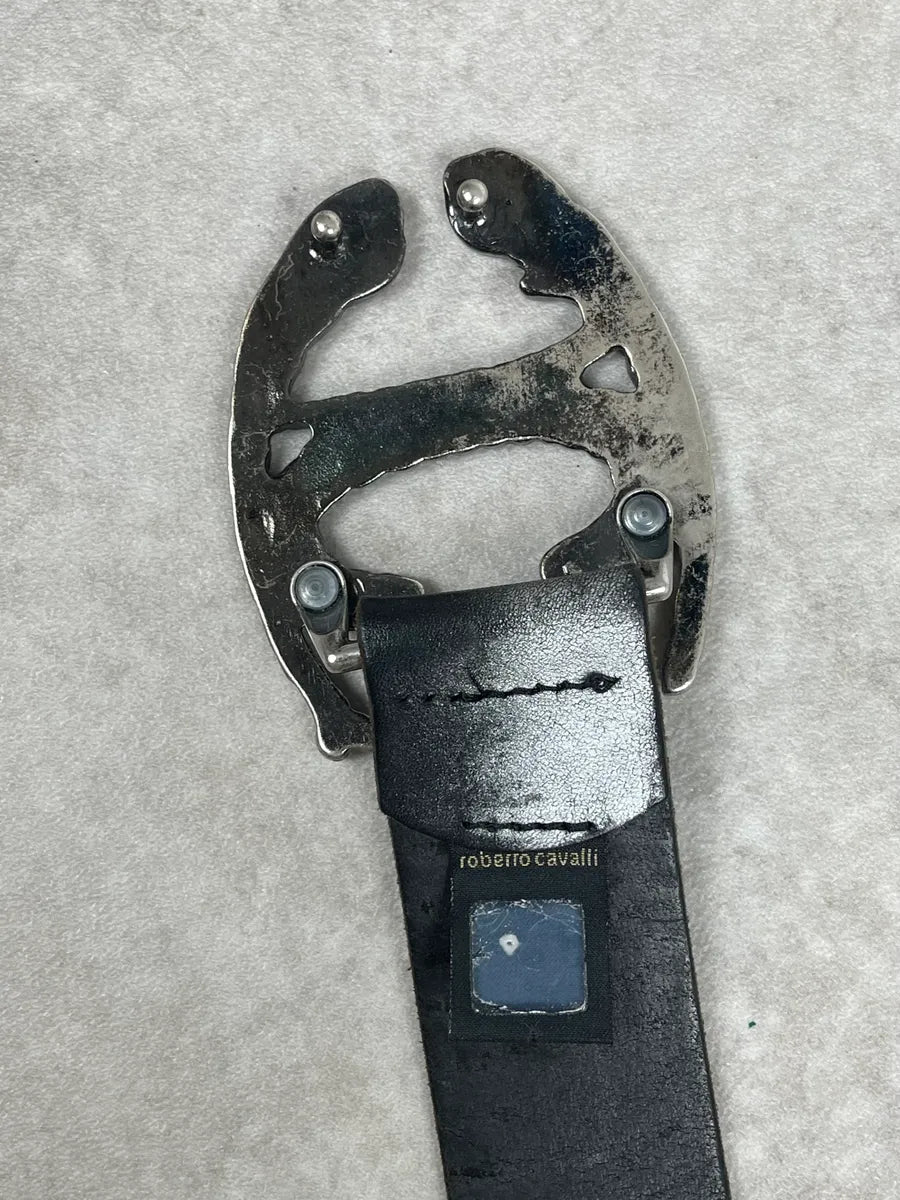 2000s Cavalli Leaves Logo Buckle Black Leather Belt DrYqNtv 5