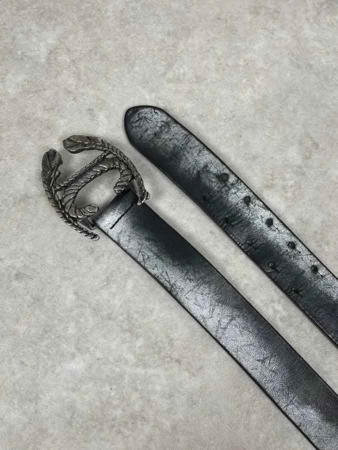 2000s Cavalli Leaves Logo Buckle Black Leather Belt DrYqNtv 1