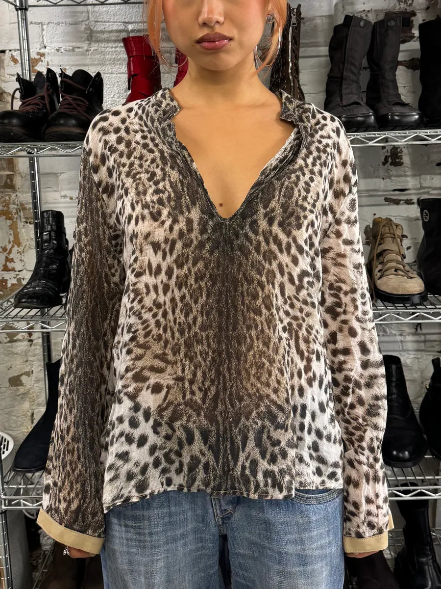 2000s Cavalli Leopard Print Henley Shirt cUlrcRx 1