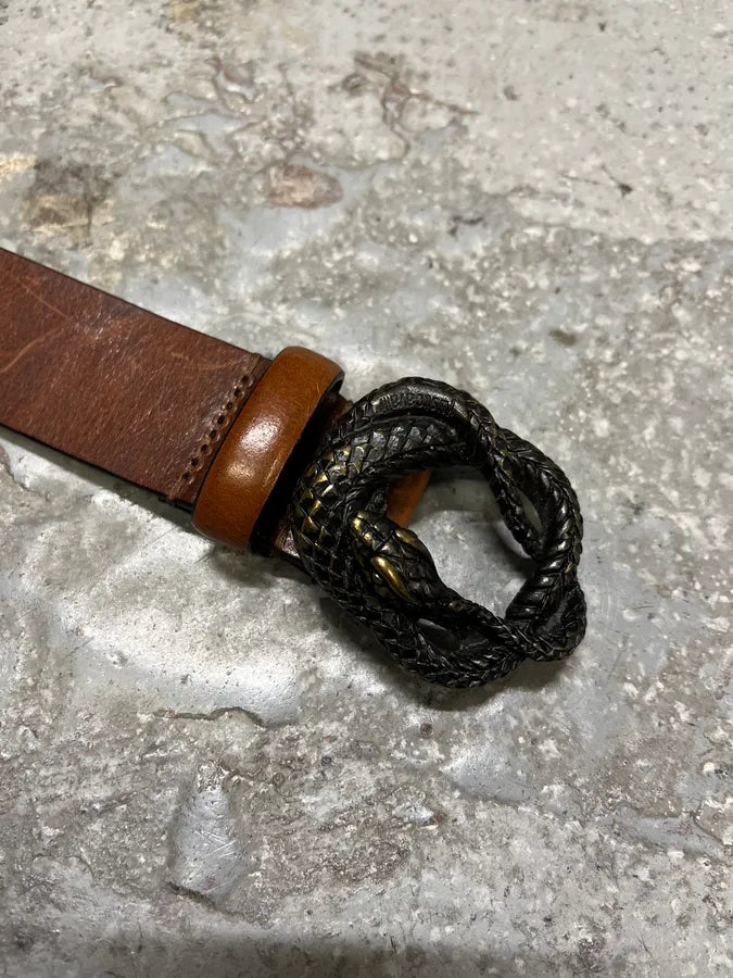 2000s Cavalli Metal Snake Buckle Brown Leathet Belt BPsmGYc 5