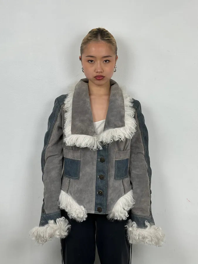 AW2005 Cavalli Mongolian Fur Grey Leather & Blue Denim Jacket hXhLyzz 2