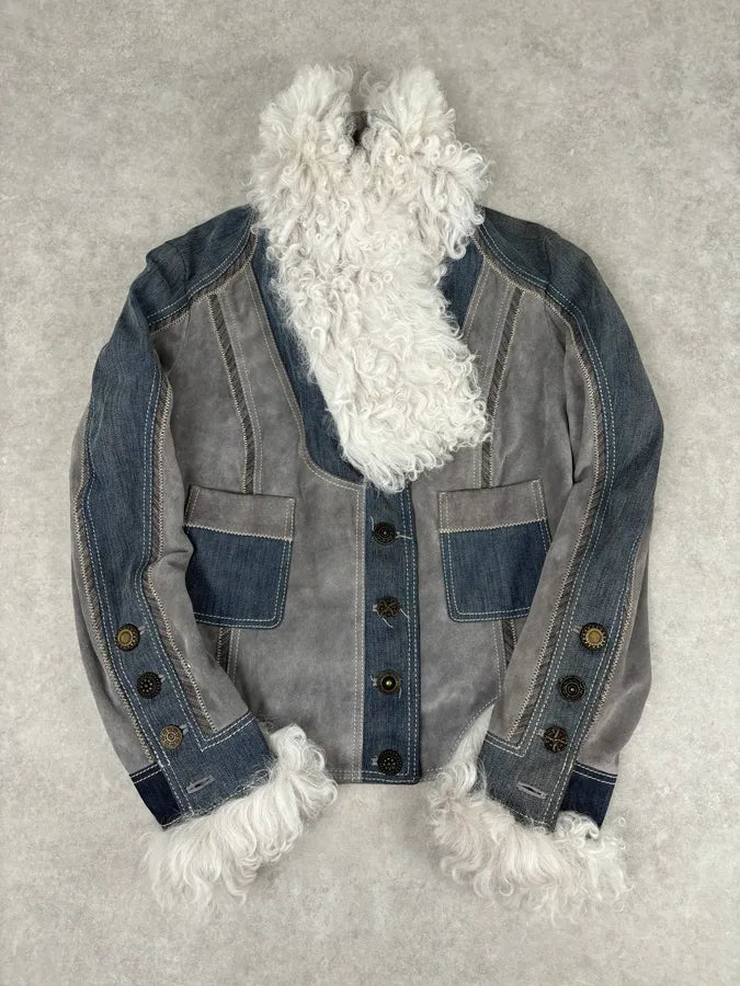 AW2005 Cavalli Mongolian Fur Grey Leather & Blue Denim Jacket hXhLyzz 5