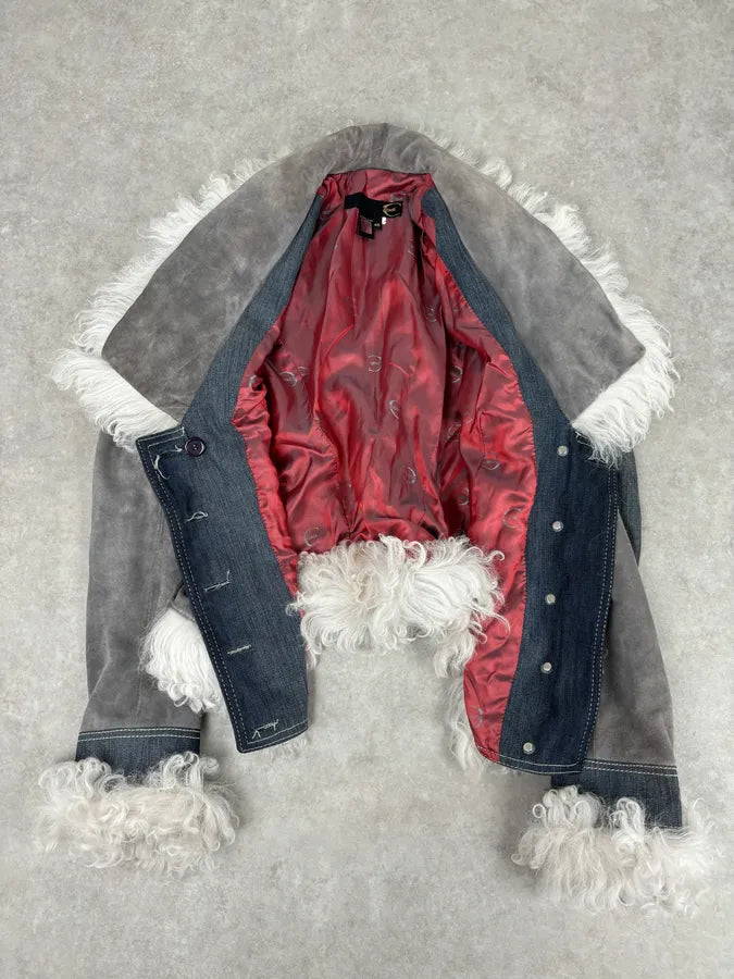 AW2005 Cavalli Mongolian Fur Grey Leather & Blue Denim Jacket hXhLyzz 9