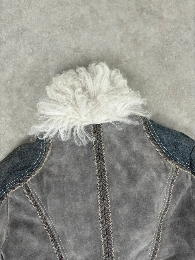 AW2005 Cavalli Mongolian Fur Grey Leather & Blue Denim Jacket hXhLyzz 8