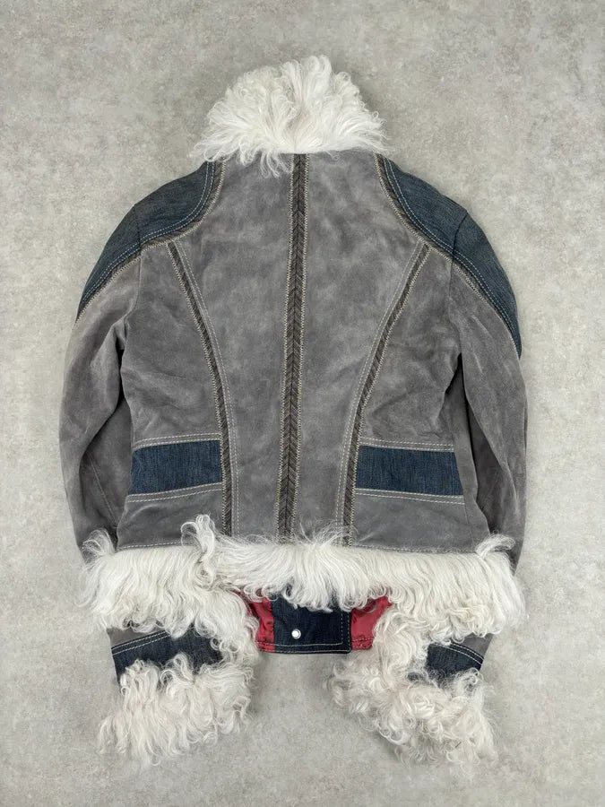 AW2005 Cavalli Mongolian Fur Grey Leather & Blue Denim Jacket hXhLyzz 7