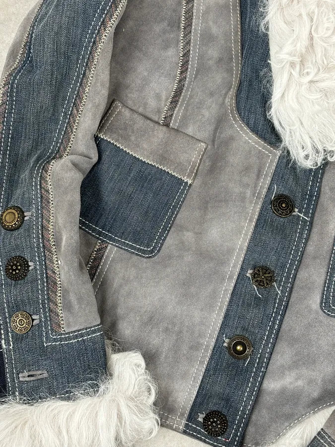 AW2005 Cavalli Mongolian Fur Grey Leather & Blue Denim Jacket hXhLyzz 10