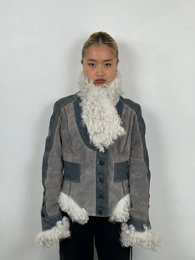 AW2005 Cavalli Mongolian Fur Grey Leather & Blue Denim Jacket hXhLyzz 3