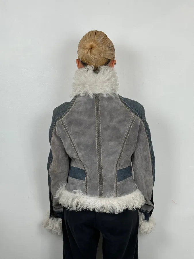 AW2005 Cavalli Mongolian Fur Grey Leather & Blue Denim Jacket hXhLyzz 4