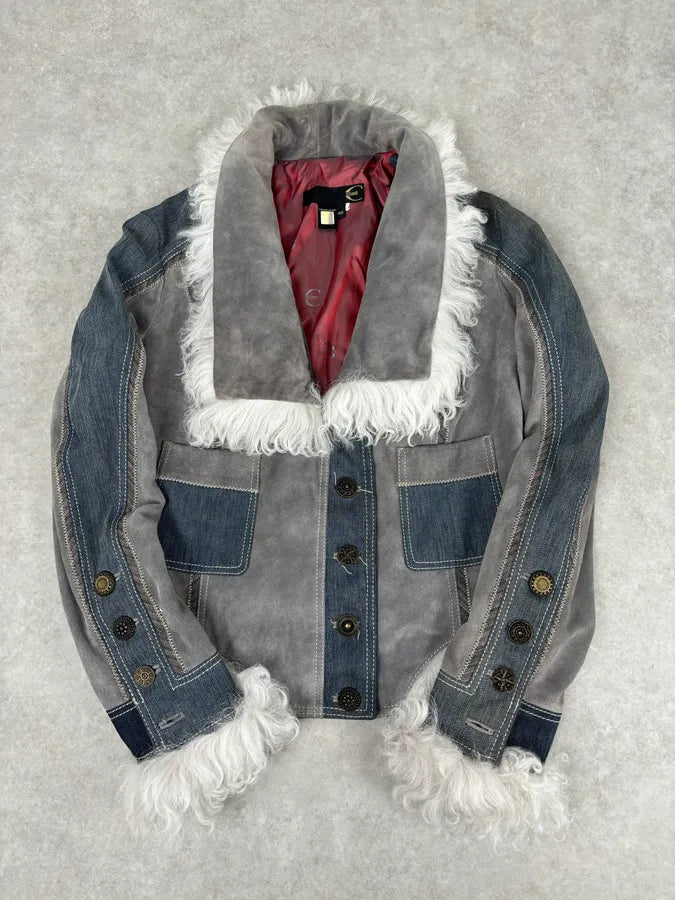 AW2005 Cavalli Mongolian Fur Grey Leather & Blue Denim Jacket hXhLyzz 0