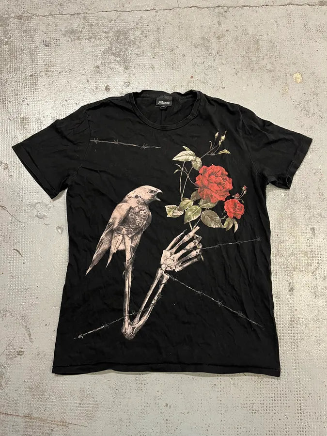2000s Cavalli Nature Morte Black Rose Bird T-Shirt AnoUCpU 0