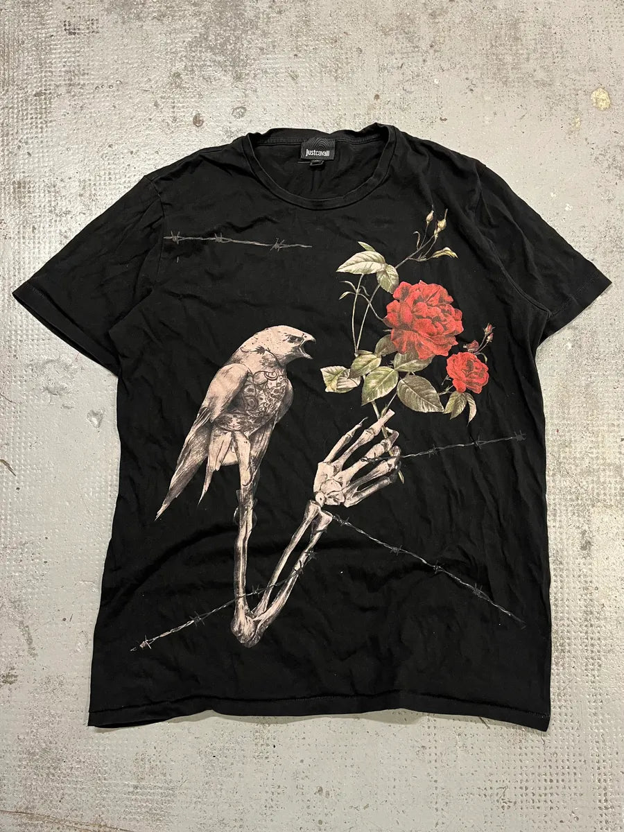 2000s Cavalli Nature Morte Black Rose Bird T-Shirt AnoUCpU 3