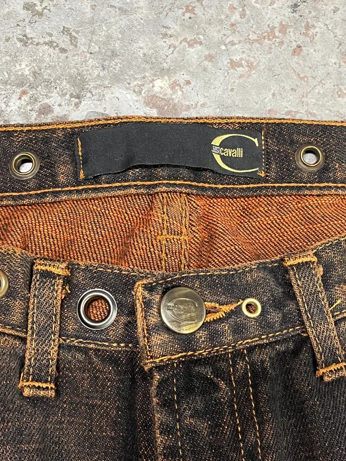 2001 Cavalli Navy Brut Orange Denim Jeans OvZEXED 8