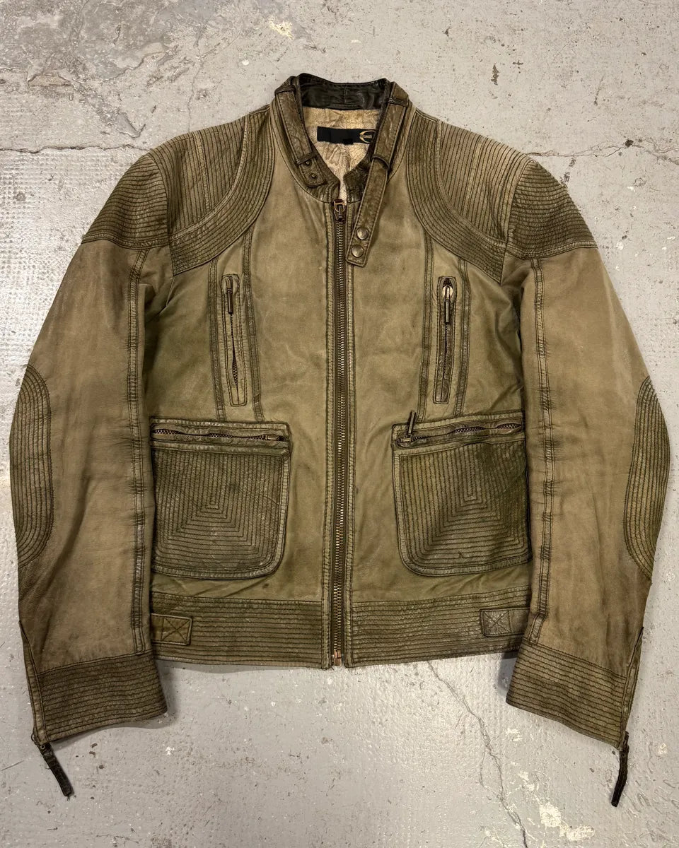 2000s Cavalli Olive Innovative Structured Biker Leather Jacket (M) 0