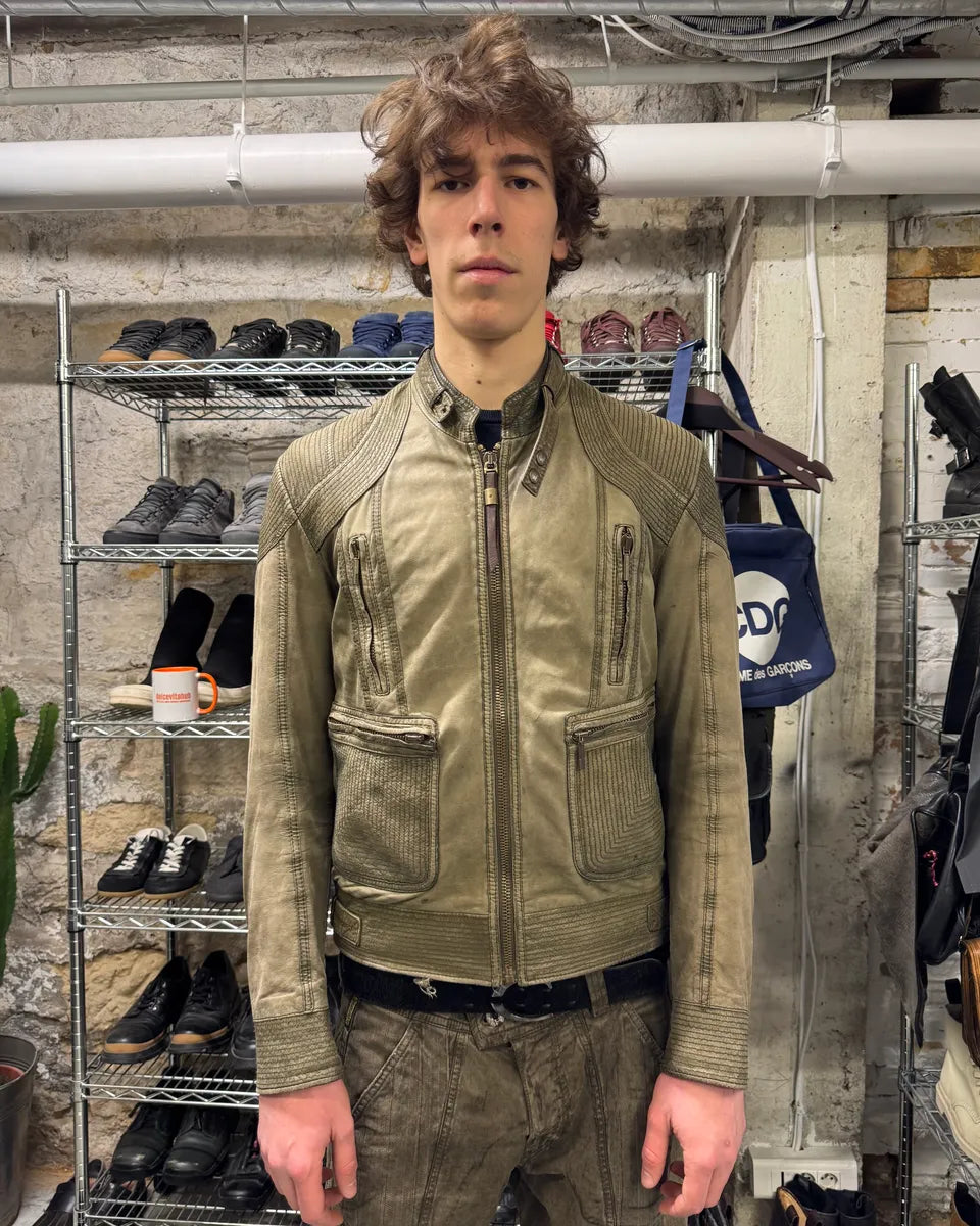 2000s Cavalli Olive Innovative Structured Biker Leather Jacket (M) 1