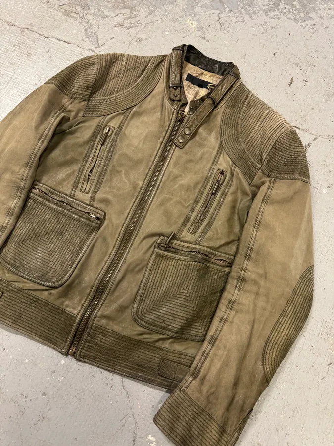 2000s Cavalli Olive Innovative Structured Biker Leather Jacket (M) 2