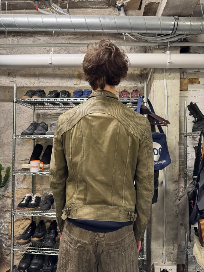 2000s Cavalli Olive Innovative Structured Biker Leather Jacket FnbJqgg 3