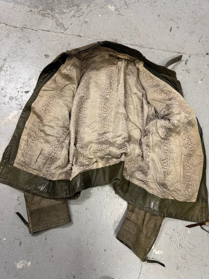 2000s Cavalli Olive Innovative Structured Biker Leather Jacket (M) 6