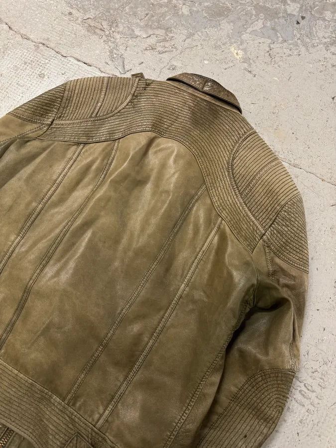 2000s Cavalli Olive Innovative Structured Biker Leather Jacket (M) 8