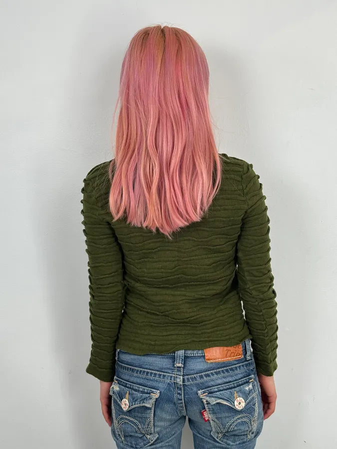 2000s Cavalli Olive Textured Wave Wool Sweater XxJfPfs 1