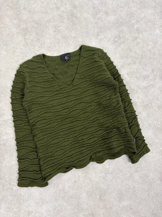 2000s Cavalli Olive Textured Wave Wool Sweater XxJfPfs 3